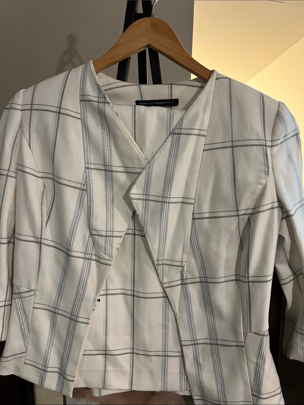 White House Black Market White and Light Blue Plaid Open-Front Blazer and Skirt